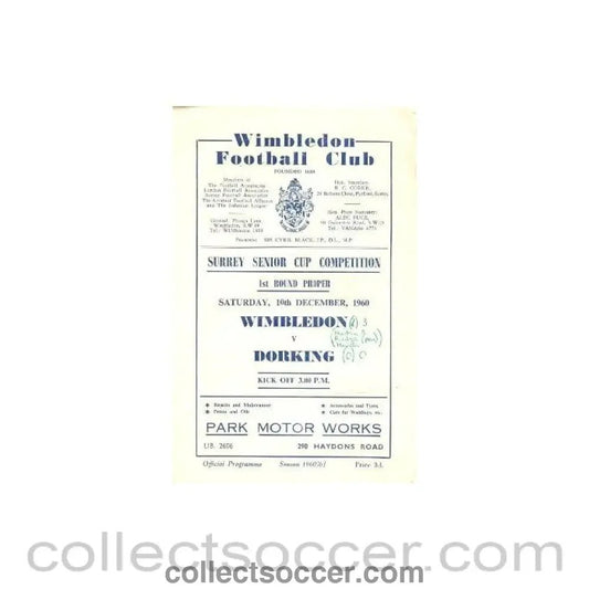 1960 - Wimbledon v Dorking official programme 10/12/1960 - Collect Soccer