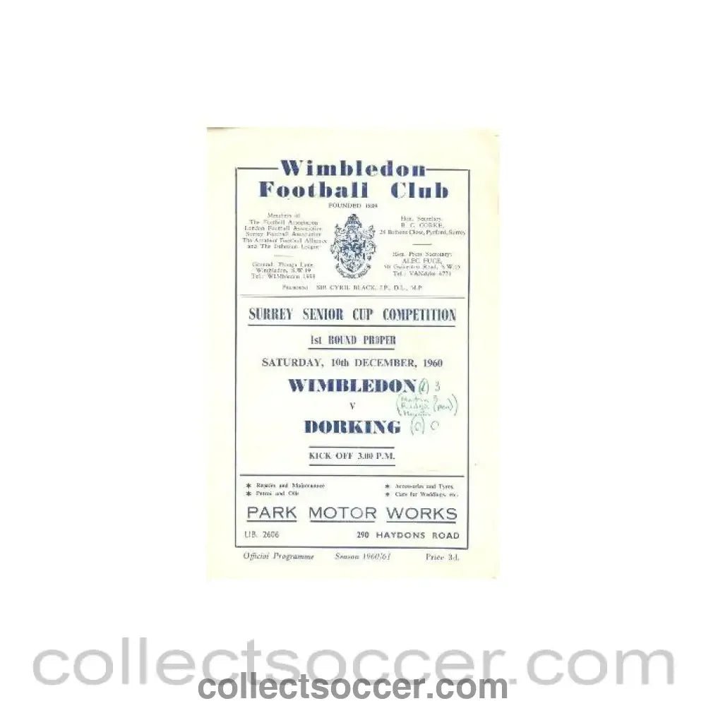 1960 - Wimbledon v Dorking official programme 10/12/1960 - Collect Soccer
