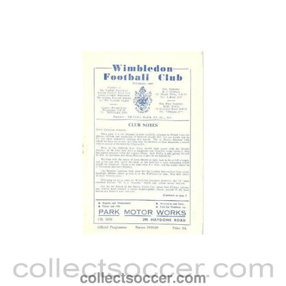 1960 - Wimbledon v Dulwich Hamlet official programme 09/01/1960 - Collect Soccer