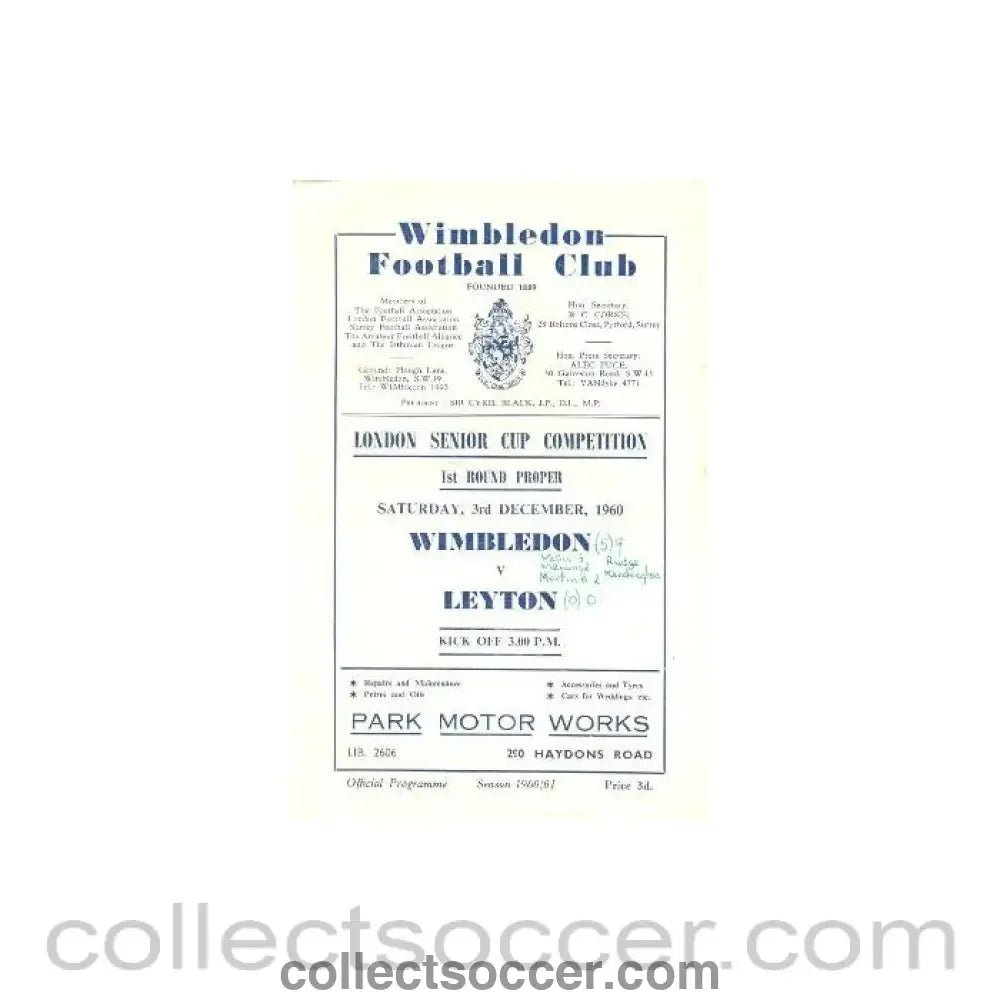 1960 - Wimbledon v Leyton official programme 03/12/1960 - Collect Soccer