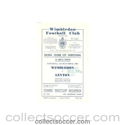 1960 - Wimbledon v Leyton official programme 03/12/1960 - Collect Soccer