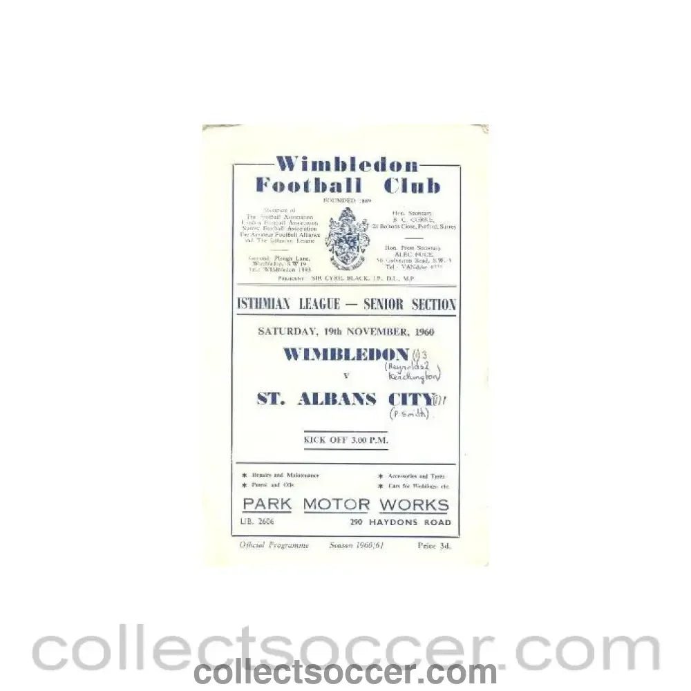 1960 - Wimbledon v St. Albans City official programme 19/11/1960 - Collect Soccer