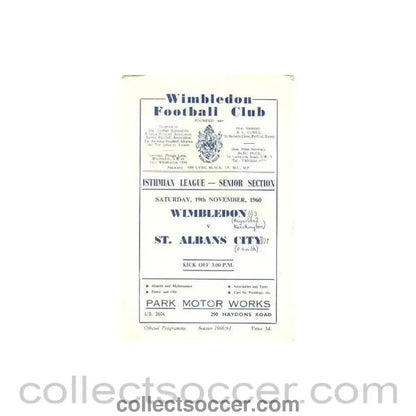 1960 - Wimbledon v St. Albans City official programme 19/11/1960 - Collect Soccer
