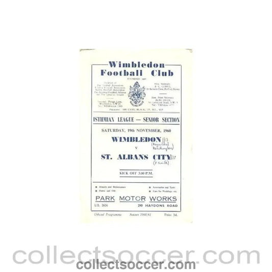 1960 - Wimbledon v St. Albans City official programme 19/11/1960 - Collect Soccer