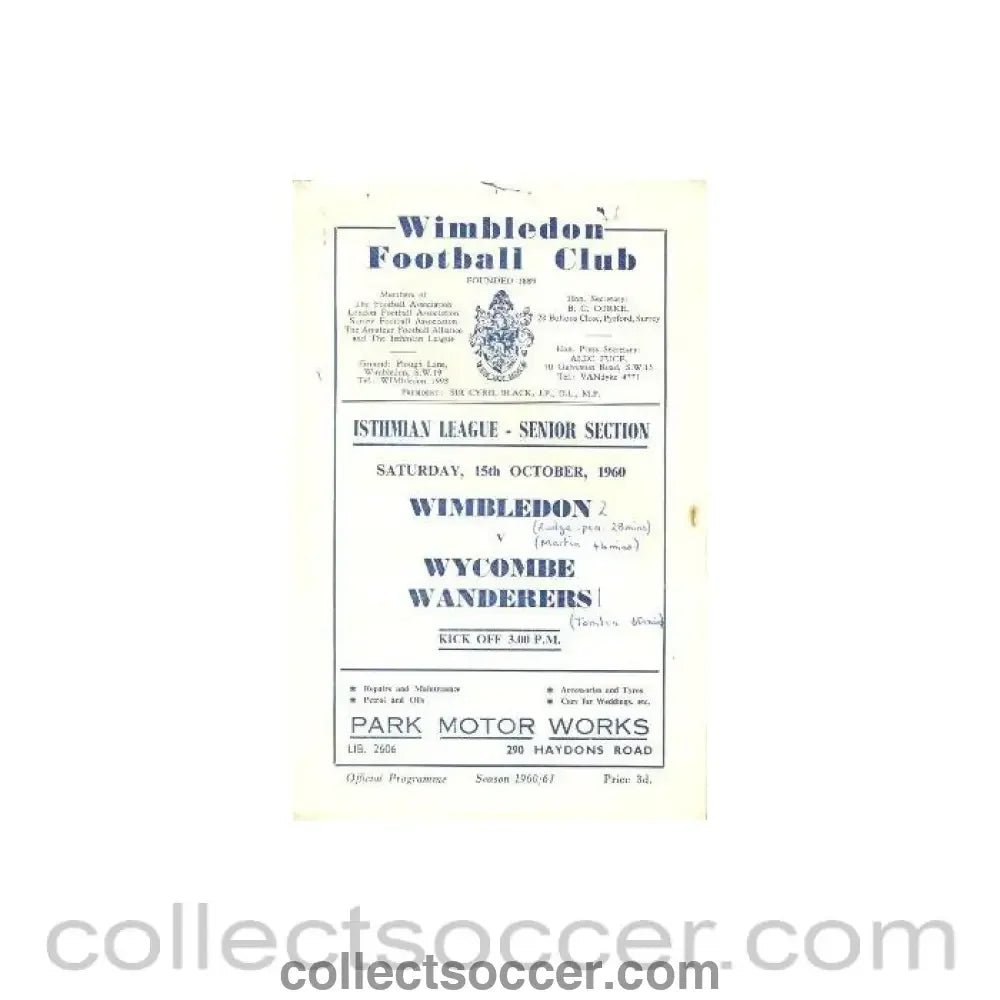 1960 - Wimbledon v Wycombe Wanderers official programme 15/10/1960 - Collect Soccer