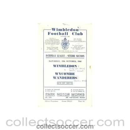 1960 - Wimbledon v Wycombe Wanderers official programme 15/10/1960 - Collect Soccer