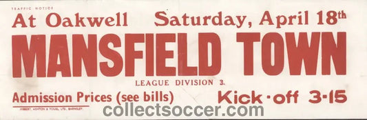 1960's Original Bus Destination Poster Barnsley v Mansfield Town Reserves - Collect Soccer