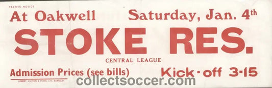 1960s Original Bus Destination Poster Barnsley v Stoke City Reserves. - Collect Soccer
