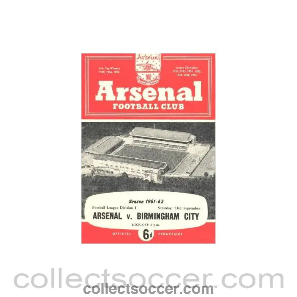 1961 - Arsenal v Birmingham City official programme 23/09/1961 - Collect Soccer
