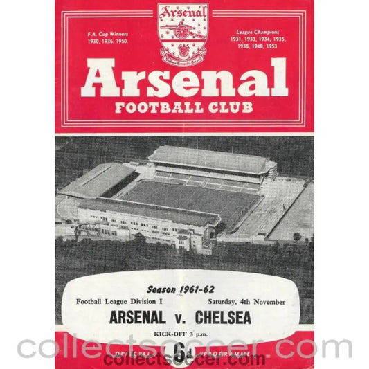 1961 - Arsenal v Chelsea Official Programme 4/11/1961 - Collect Soccer