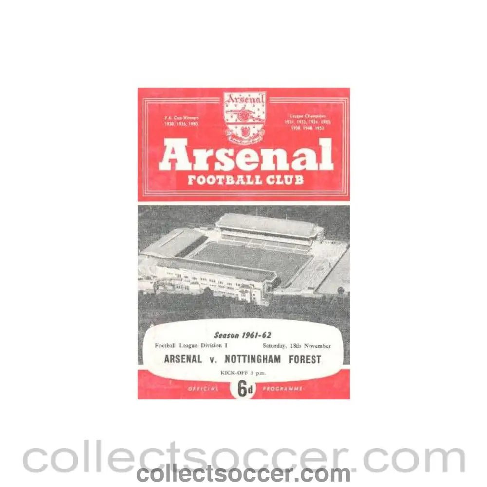 1961 - Arsenal v Nottingham Forest official programme 18/11/1961 - Collect Soccer