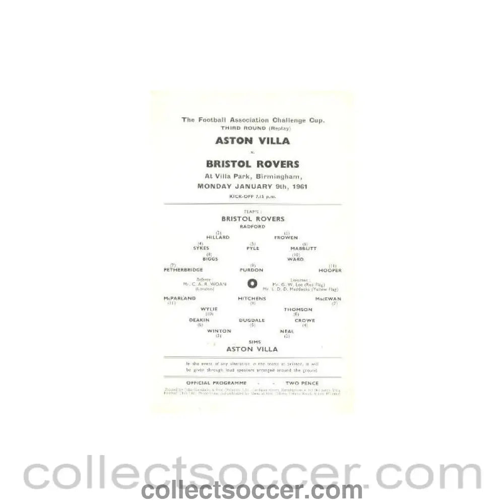 1961 - Aston Villa v Bristol Rovers official programme 09/01/1961 F.A. Cup 3rd Round Replay - Collect Soccer
