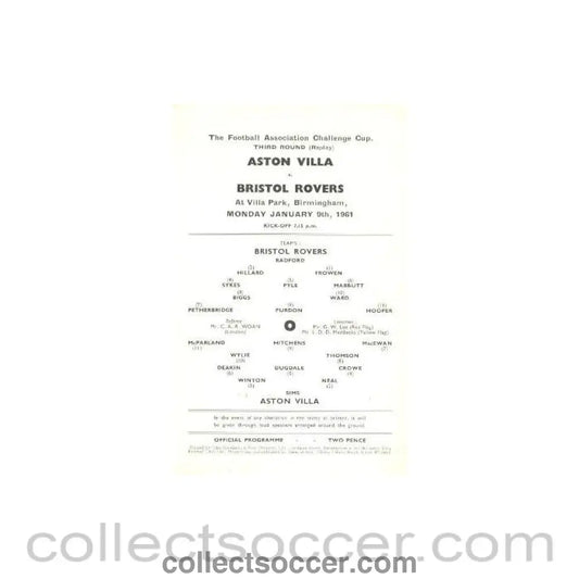 1961 - Aston Villa v Bristol Rovers official programme 09/01/1961 F.A. Cup 3rd Round Replay - Collect Soccer