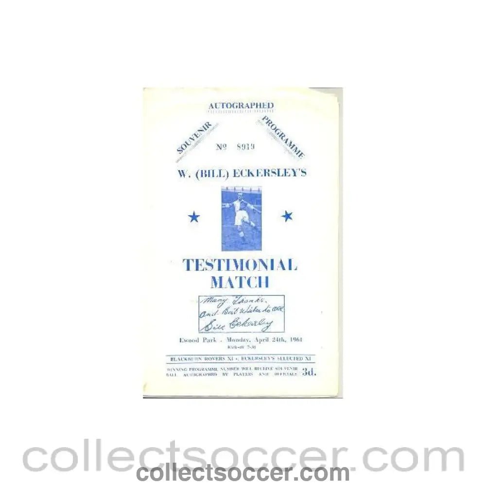 1961 - Blackburn Rovers XI v Eckersley Selected XI official programme 24/04/1961 W. (Bill) Eckersley Testimonial Match - Collect Soccer