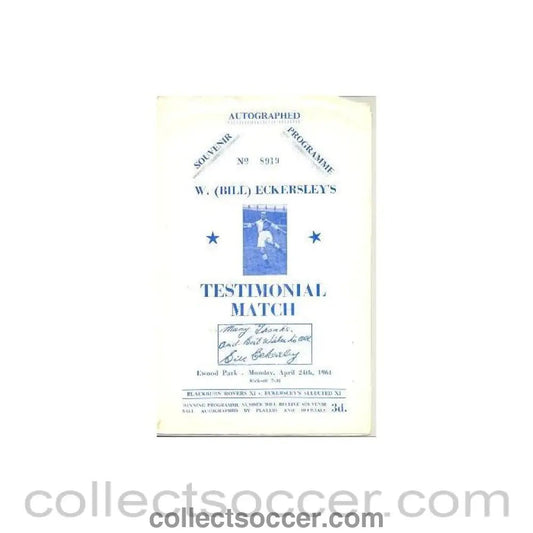 1961 - Blackburn Rovers XI v Eckersley Selected XI official programme 24/04/1961 W. (Bill) Eckersley Testimonial Match - Collect Soccer