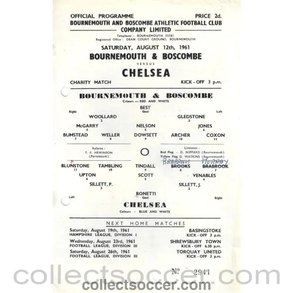1961 - Bournemouth and Boscombe Official Programme Punched Holes 12/8/1961 - Collect Soccer