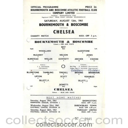 1961 - Bournemouth and Boscombe Official Programme Punched Holes 12/8/1961 - Collect Soccer