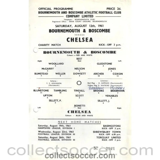 1961 - Bournemouth and Boscombe Official Programme Punched Holes 12/8/1961 - Collect Soccer
