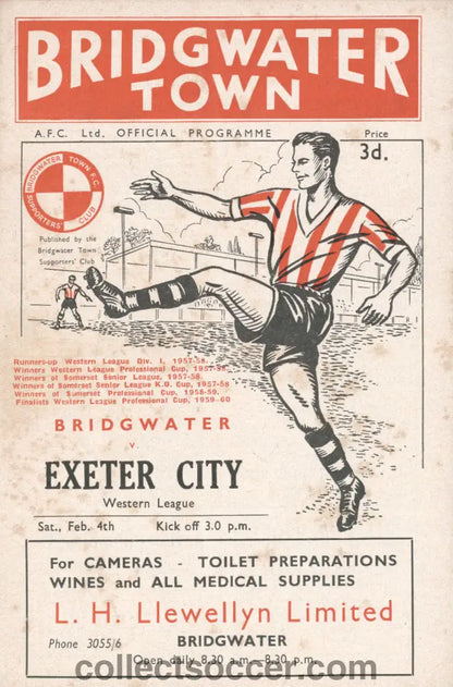 1961 Bridgwater Town V Exeter City 4/2/1961 Official Programme