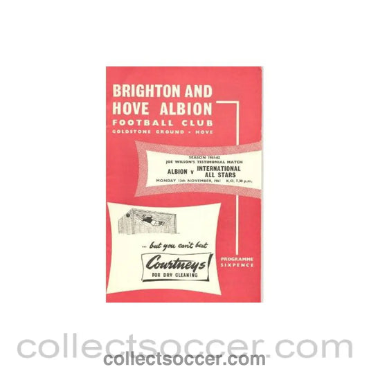 1961 - Brighton & Hove Albion v International All Stars official programme 13/11/1961 Joe Wilson Testimonial