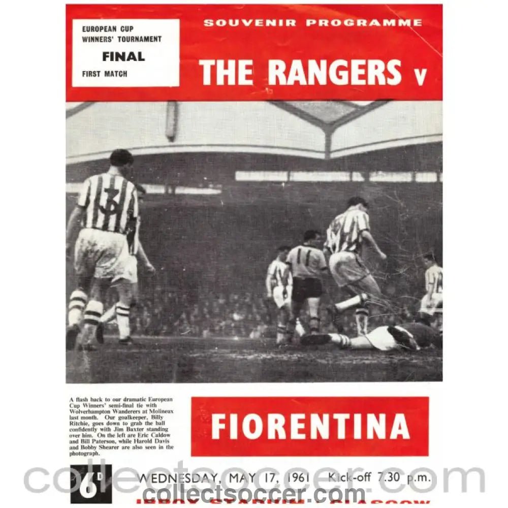 1961 Cup Winners Cup Final Official Programme Glasgow Rangers V Fiorentina 1st leg - Collect Soccer