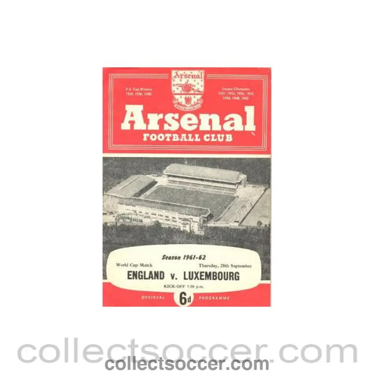 1961 - England v Luxembourg Arsenal produced official programme 28/09/1961