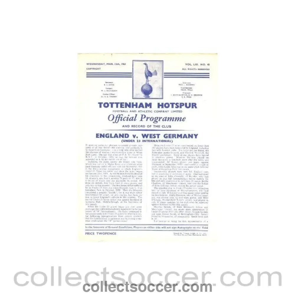 1961 England v West Germany U23 official programme 15/03/1961 at Tottenham Hotspur - Collect Soccer