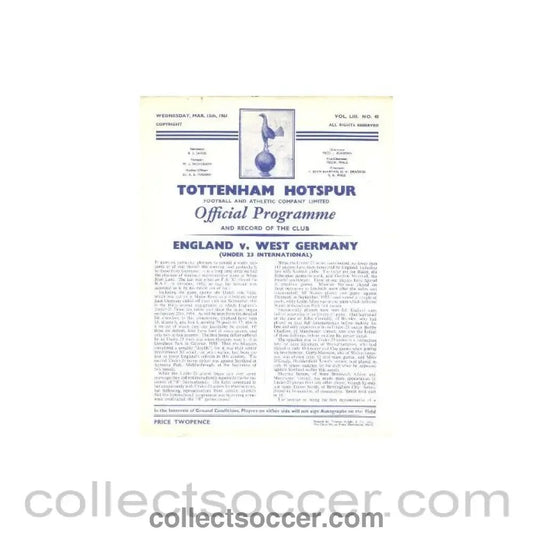 1961 England v West Germany U23 official programme 15/03/1961 at Tottenham Hotspur - Collect Soccer