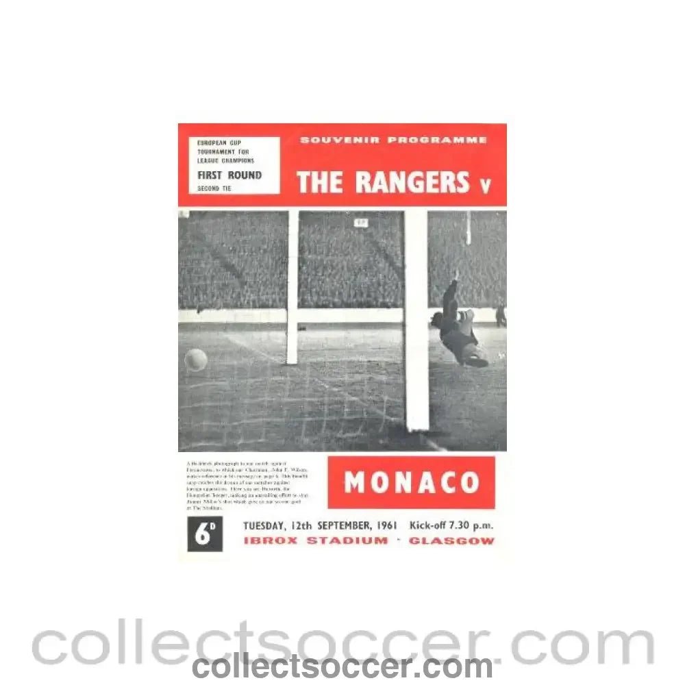 1961 - Glasgow Rangers v Monaco official programme 12/09/1961 - Collect Soccer