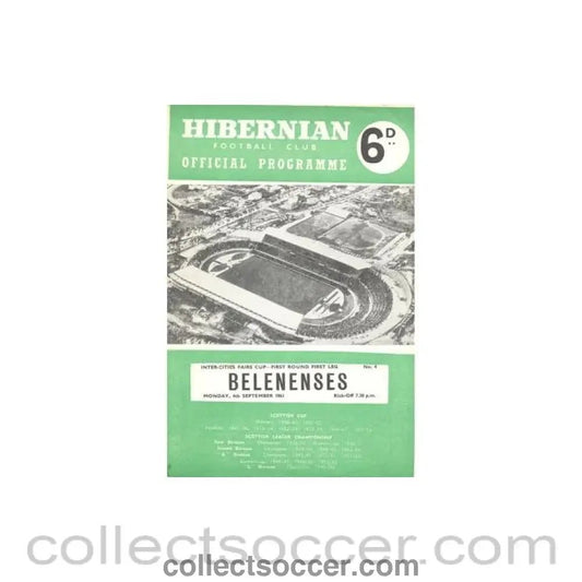 1961 - Hibernian v Belenenses official programme 04/09/1961 Inter - Cities Fairs Cup - Collect Soccer