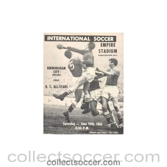 1961 - In Vancouver Birmingham City v All Stars official programme 10/06/1961
