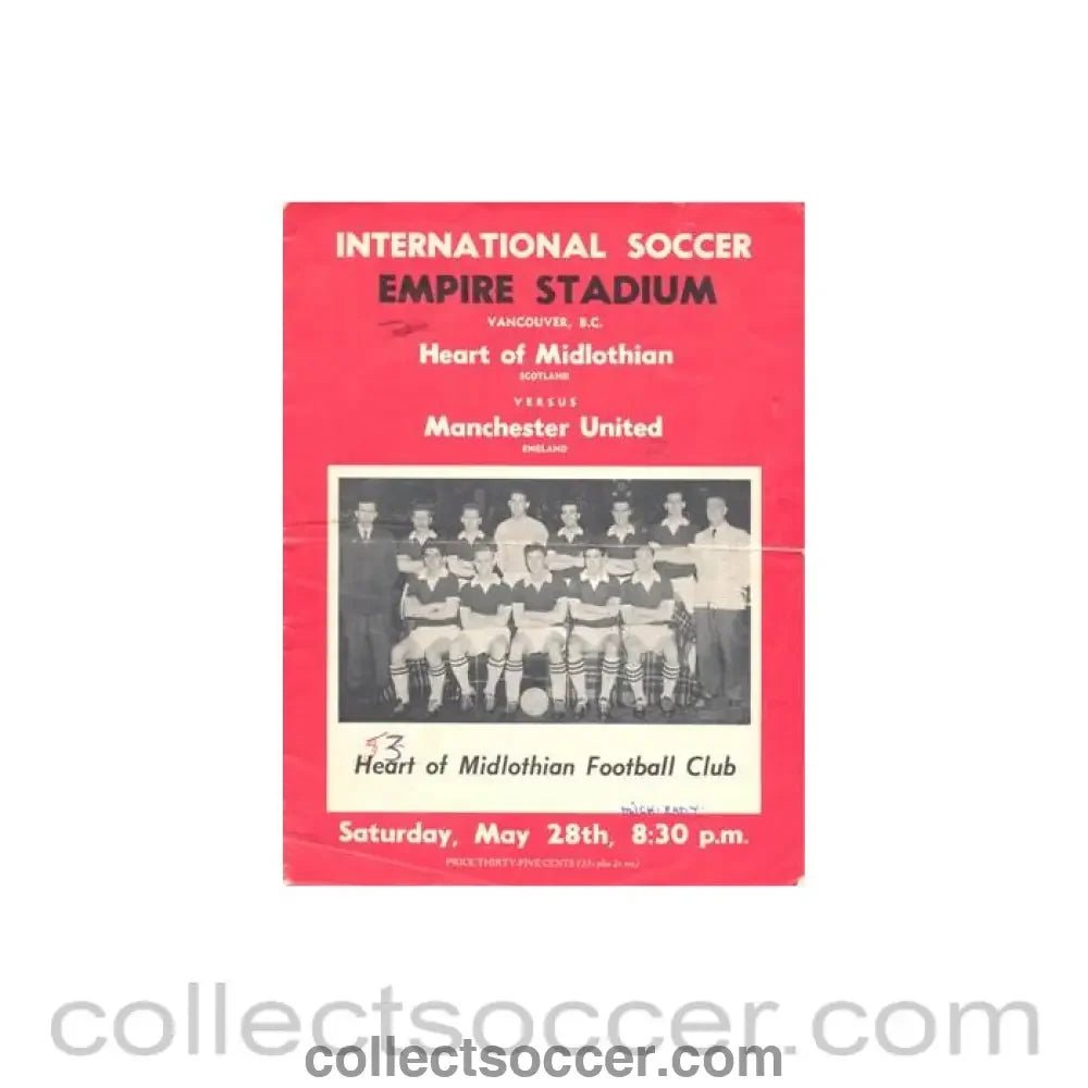 1961 - In Vancouver Canada - Heart of Midlothian v Manchester United official programme 28/05/1961 - Collect Soccer