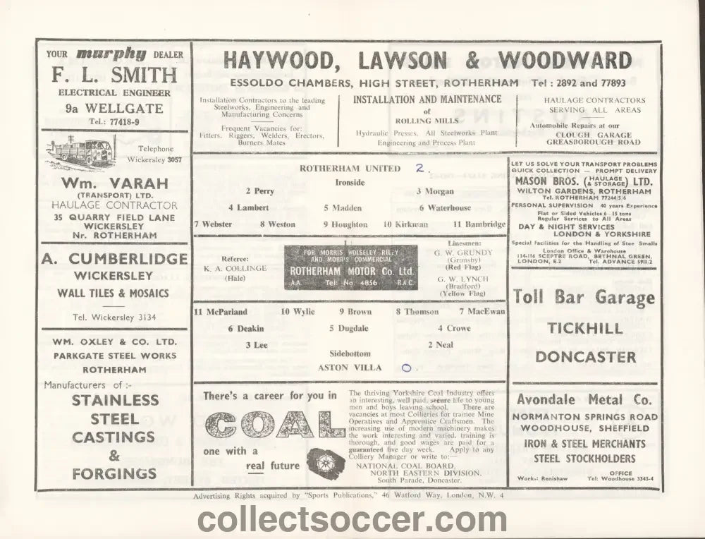 1961 League Cup Final First Leg Rotherham v Aston Villa Programme - Collect Soccer