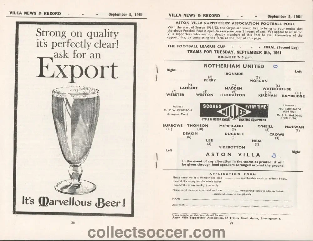 1961 League Cup Final Second Leg Aston Villa v Rotherham United Programme - Collect Soccer