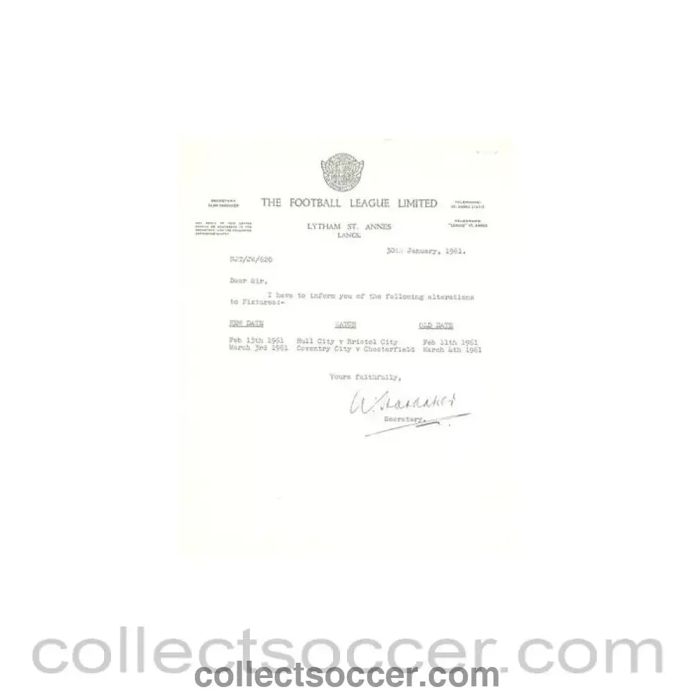 1961 - Letter of The Football League of 30/01/1961, signed, about some alternations to the fixtures - Collect Soccer