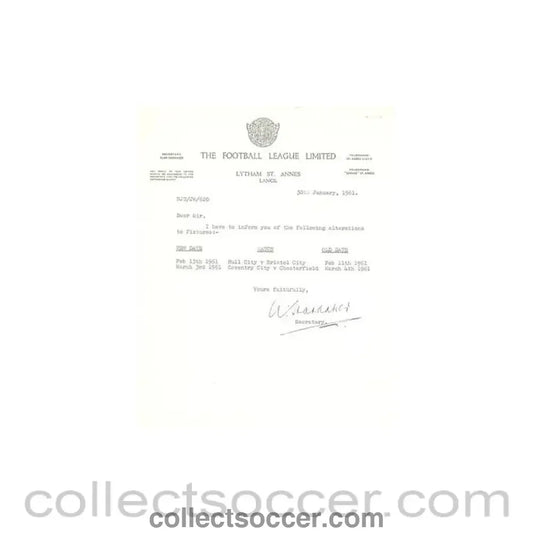 1961 - Letter of The Football League of 30/01/1961, signed, about some alternations to the fixtures - Collect Soccer