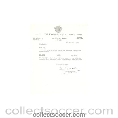1961 - Letter of The Football League of 30/01/1961, signed, about some alternations to the fixtures - Collect Soccer