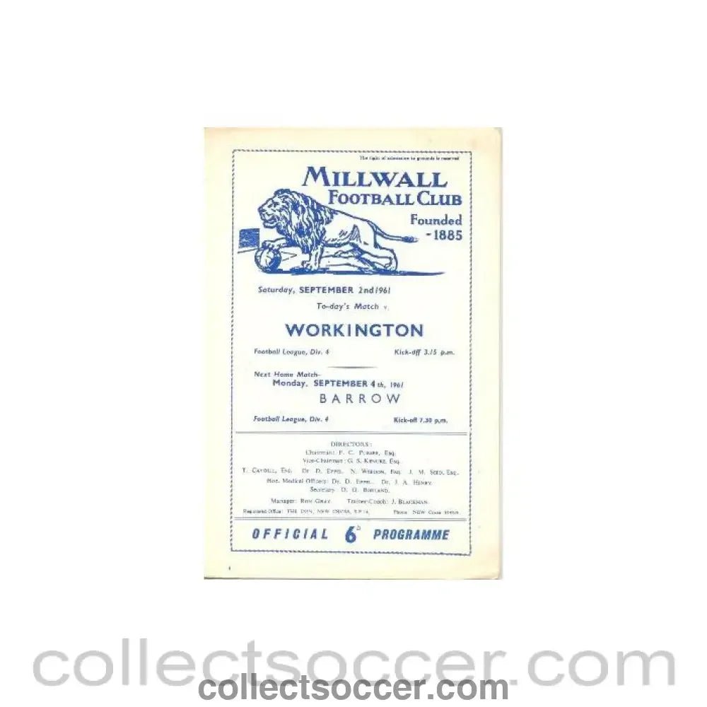 1961 - Millwall v Workington official programme 02/09/1961 - Collect Soccer