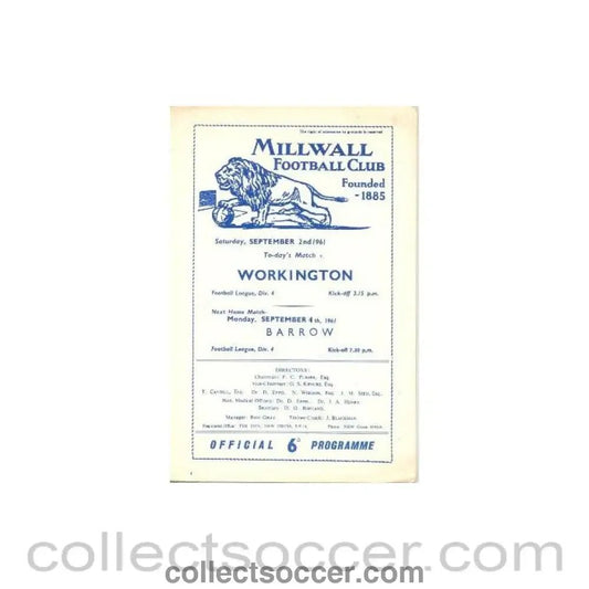 1961 - Millwall v Workington official programme 02/09/1961 - Collect Soccer