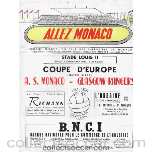 1961 - Monaco v Glasgow Rangers 5/9/1961 Official Programme - Collect Soccer