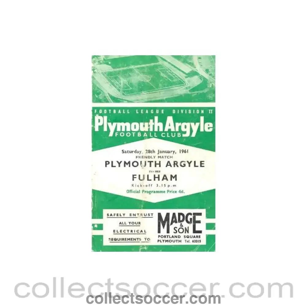 1961 - Plymouth Argile v Fulham official programme 28/01/1961 - Collect Soccer