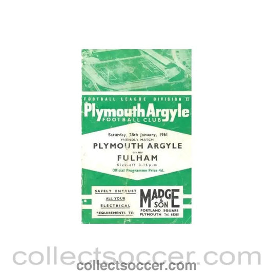 1961 - Plymouth Argile v Fulham official programme 28/01/1961 - Collect Soccer