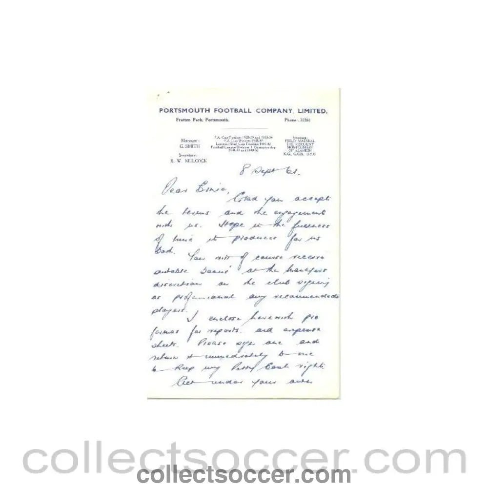 1961 - Portsmouth letter to Ernie Webster - a very famous coach at that time with newspaper cutting probably of 08/04/1961 - Collect Soccer