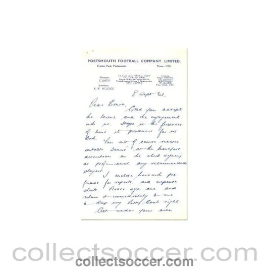 1961 - Portsmouth letter to Ernie Webster - a very famous coach at that time with newspaper cutting probably of 08/04/1961 - Collect Soccer