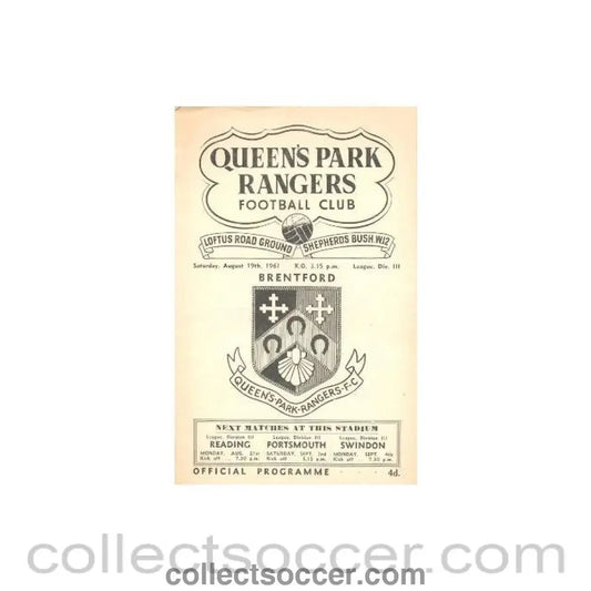 1961 - Queen's Park Rangers v Brentford official programme 19/08/1961 - Collect Soccer