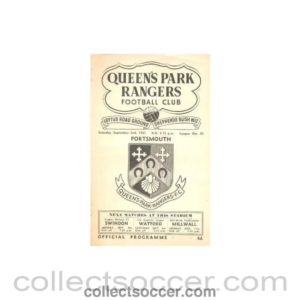 1961 - Queen's Park Rangers v Portsmouth official programme 02/09/1961 - Collect Soccer