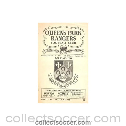 1961 - Queen's Park Rangers v Portsmouth official programme 02/09/1961 - Collect Soccer