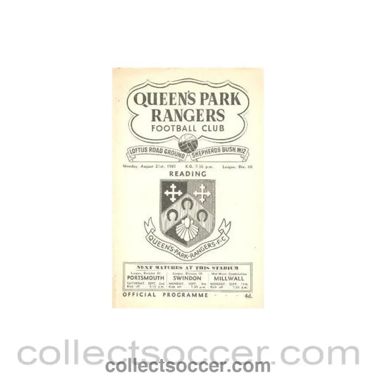 1961 - Queen's Park Rangers v Reading official programme 21/08/1961 - Collect Soccer