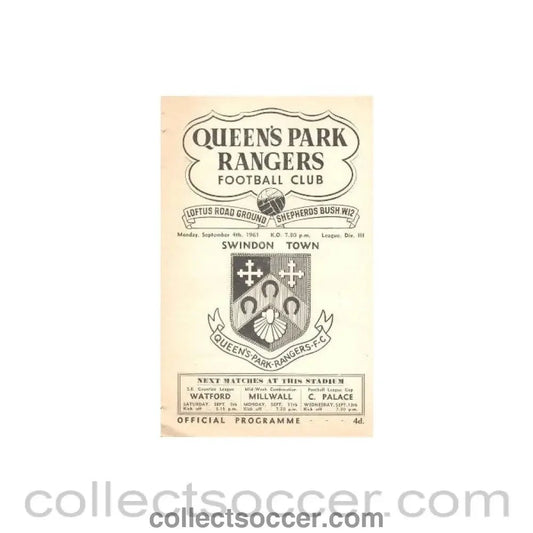 1961 - Queen's Park Rangers v Swindon Town official programme 04/09/1961 - Collect Soccer