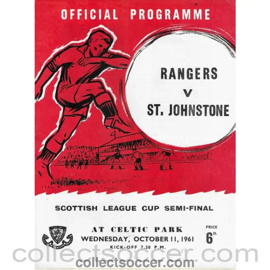 1961 Scottish League Cup Semi Final Rangers v St Johnstone Official Football Programme 11/10/1961 - Collect Soccer